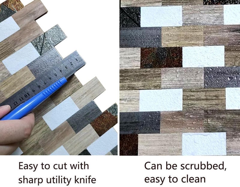 weimeisc 10 pcs Peel and Stick Tile Backsplash,Metal Subway Tile Stick on Kitchen Wall Bathroom(12"x10.9" (Wooden+Printing) - Image 3